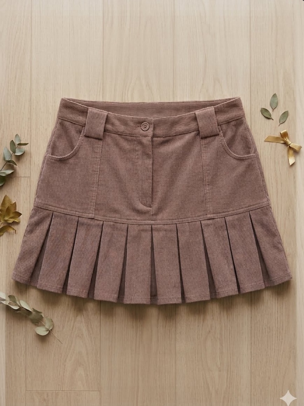 Sincerely Jules Corduroy Drop Waist Pleated Mini Skirt in Dusty Brown - Size L